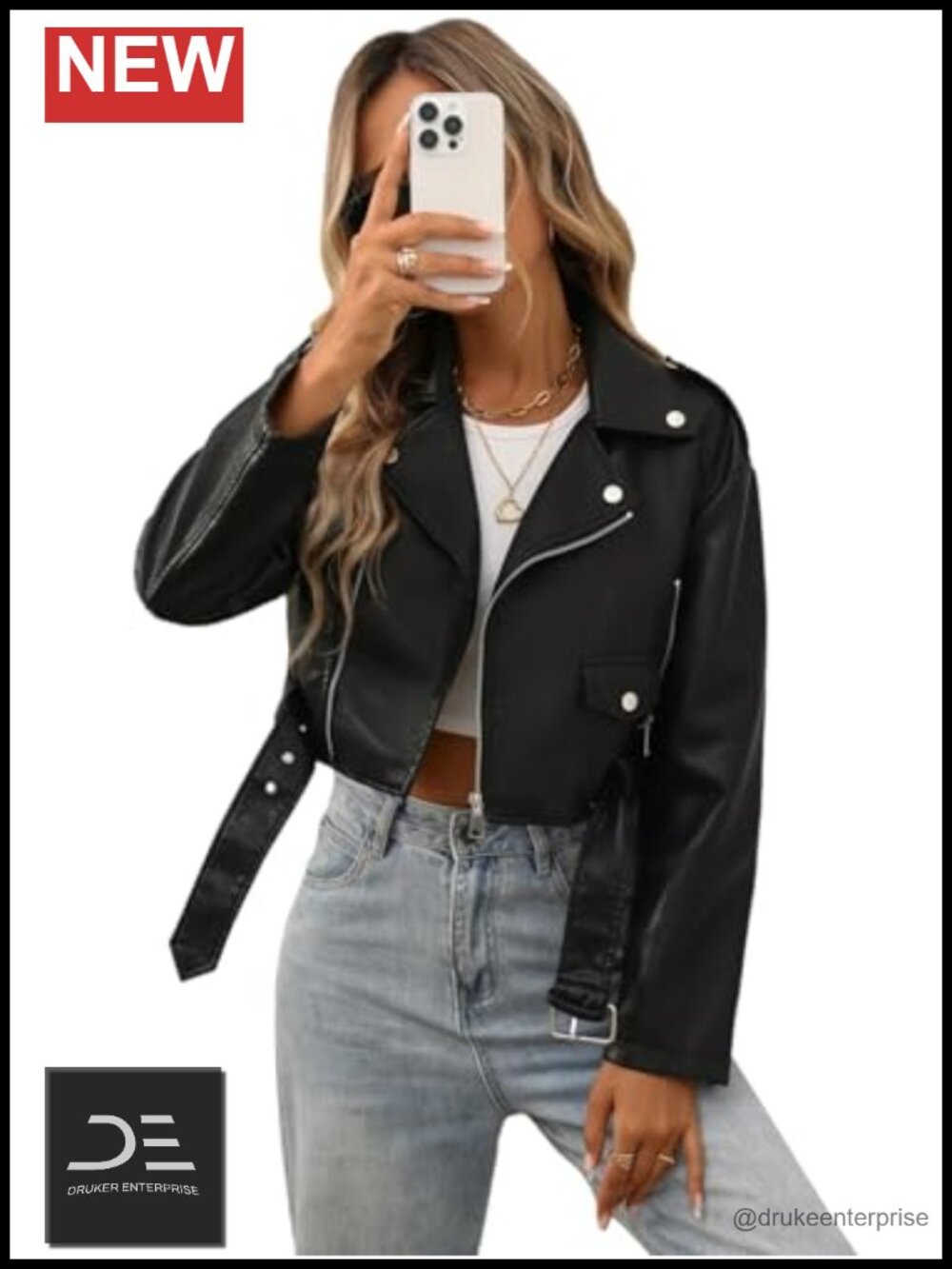 Faux Leather Cropped Bomber Aviator Jacket with Belt